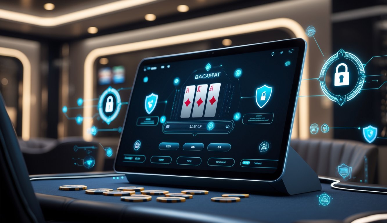 Seorang pemain menggunakan perangkat digital untuk bermain baccarat online dengan latar belakang suasana ruang permainan yang modern dan aman.