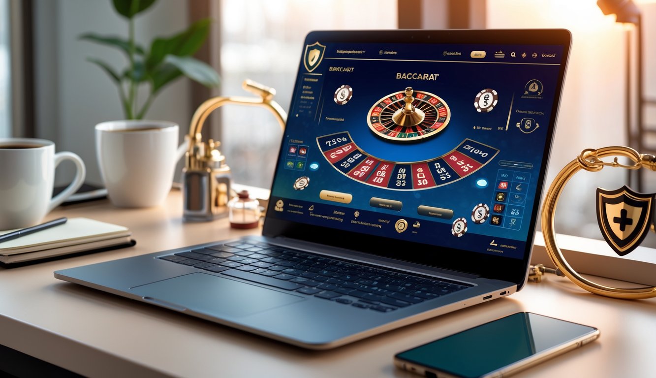 Sebuah setup permainan baccarat online dengan komputer menampilkan kartu dan chip, di lingkungan kerja yang rapi dan terang.
