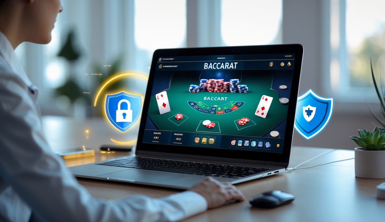Seseorang menggunakan komputer dengan tampilan permainan baccarat online dan simbol keamanan di sekitarnya.