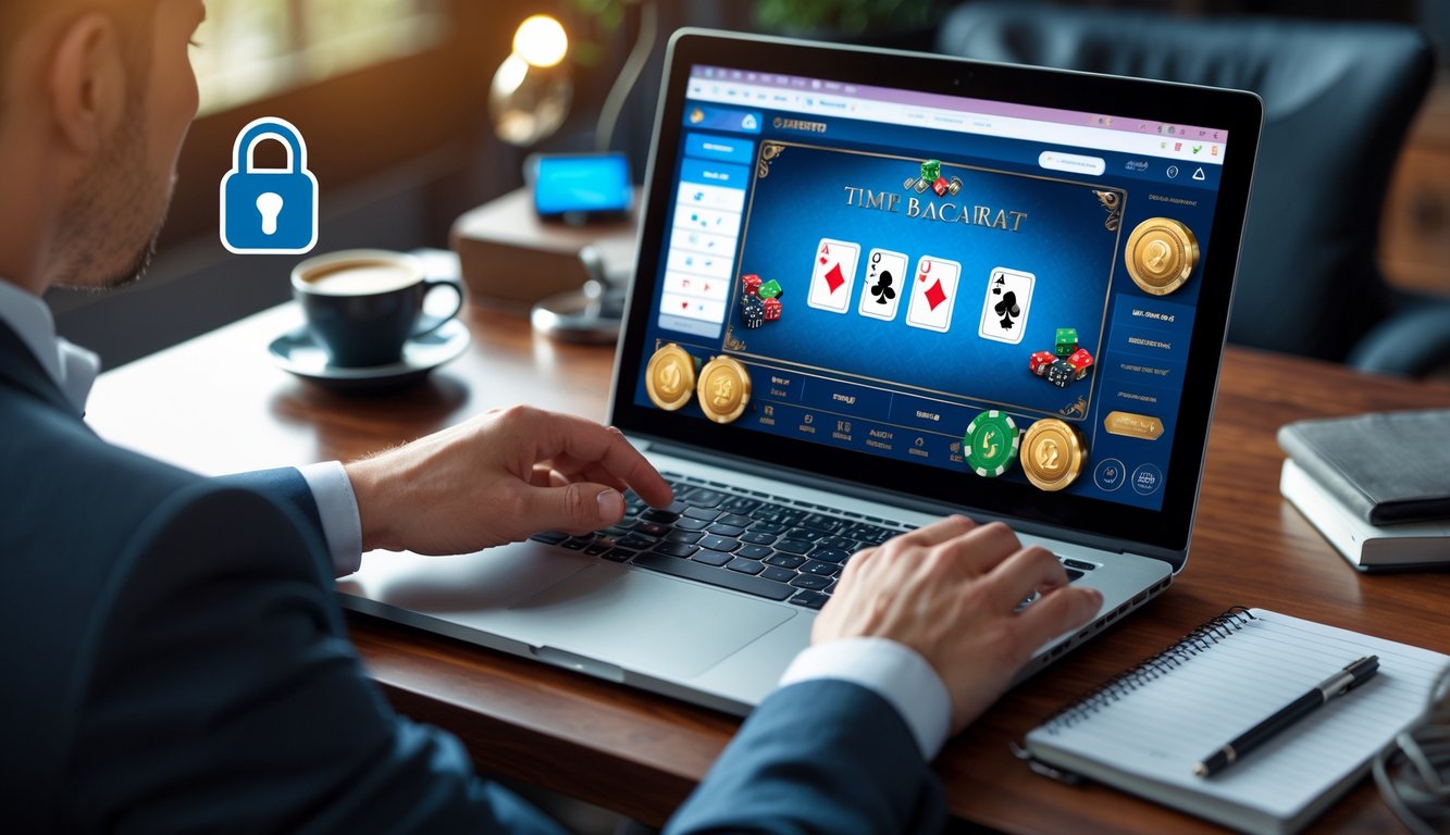 Seorang pemain fokus menggunakan komputer dengan tampilan permainan baccarat online yang aman dan terpercaya di meja kerja yang rapi.