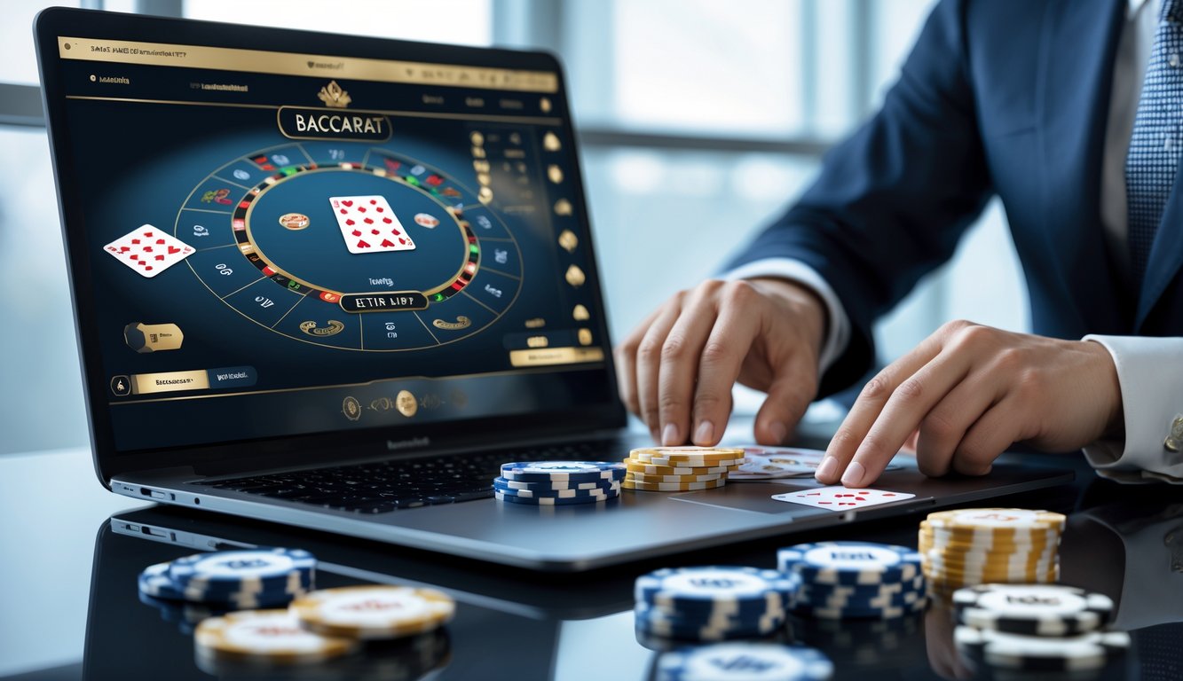 Seorang pemain yang fokus menggunakan komputer untuk bermain baccarat online dengan kartu dan chip terlihat di layar.