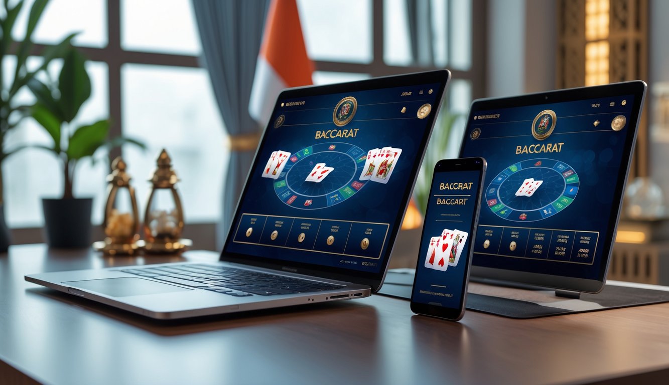 Seorang pria menggunakan laptop dan smartphone untuk bermain baccarat online di meja kerja yang rapi dengan dekorasi khas Indonesia di latar belakang.