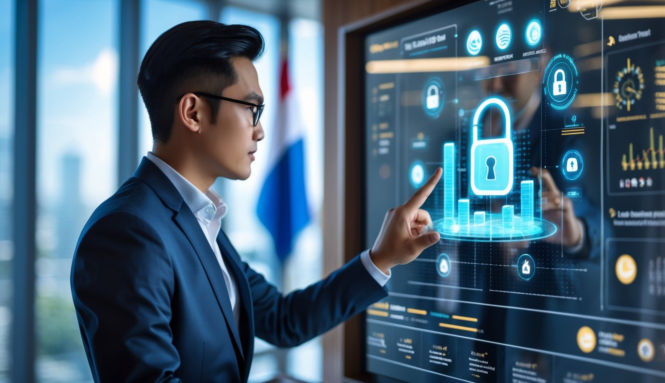 Seorang profesional sedang melihat layar digital dengan grafik dan ikon yang melambangkan keamanan dan kepercayaan, di sebuah kantor modern dengan pencahayaan alami.