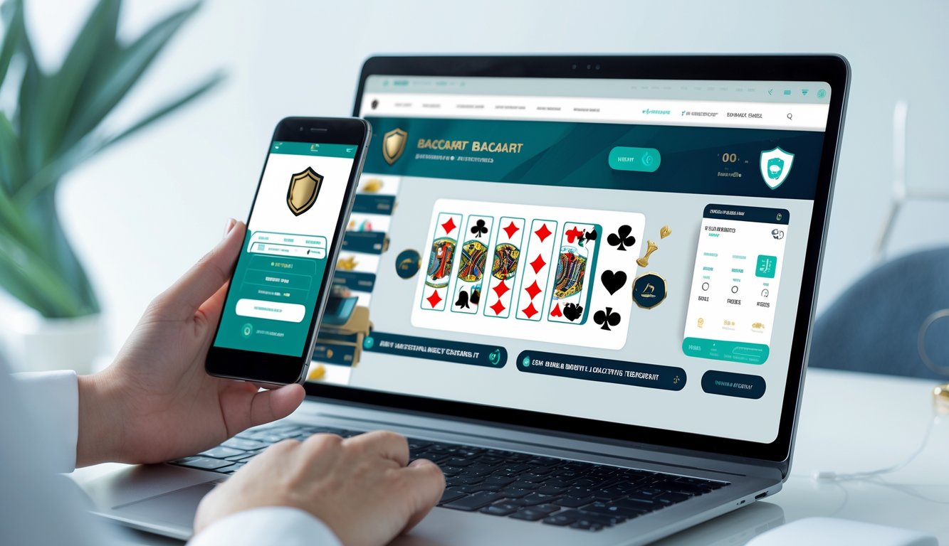 Seseorang menggunakan komputer dan ponsel untuk bermain baccarat online dengan tampilan aplikasi perbankan untuk transaksi cepat.