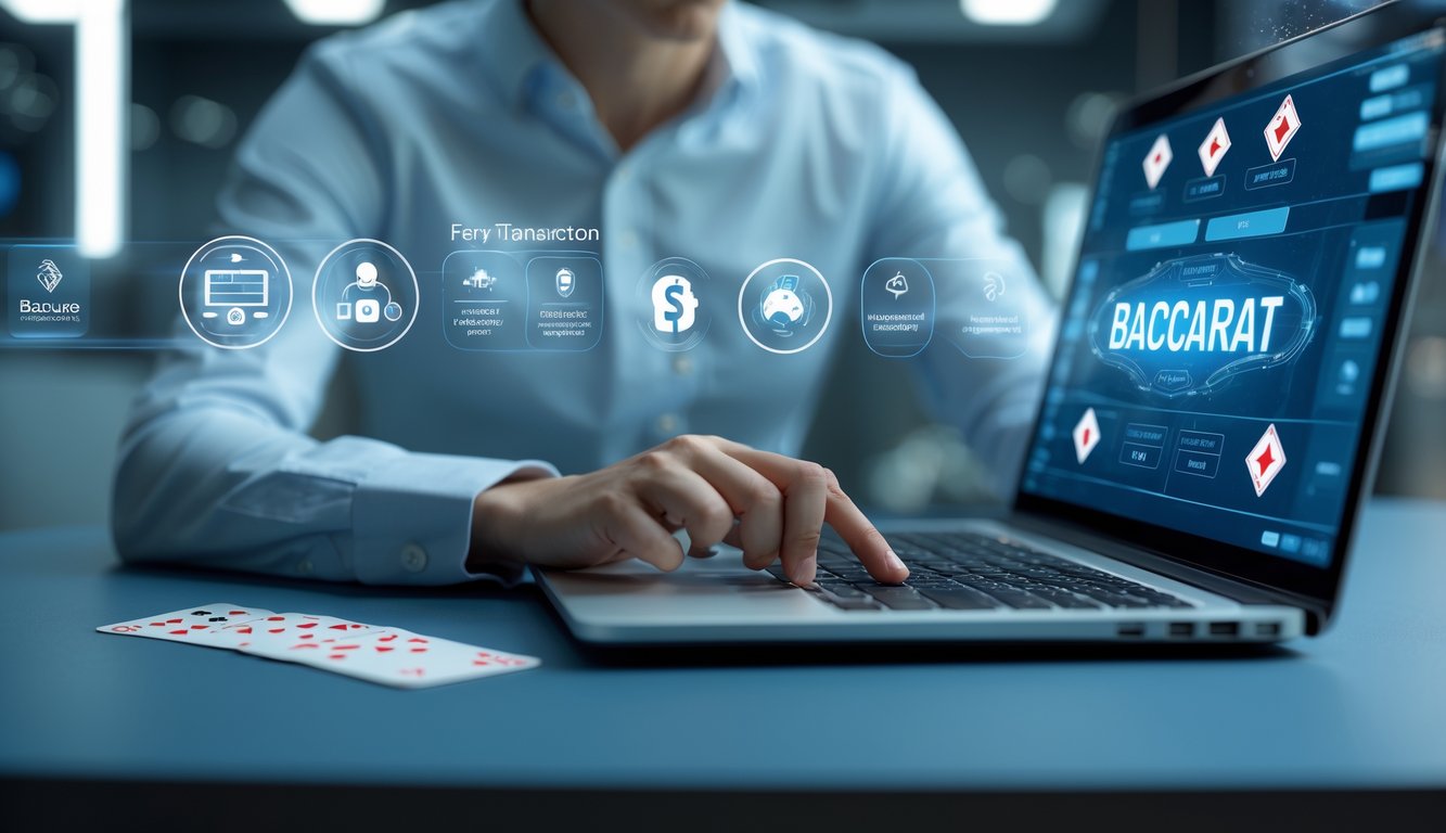 Seseorang menggunakan laptop di ruang kerja yang rapi dengan elemen digital terkait permainan baccarat dan transaksi cepat.