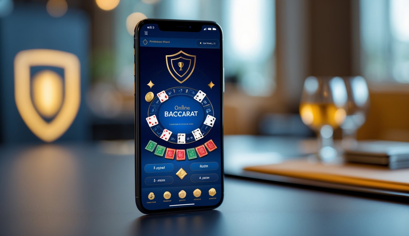 Sebuah ponsel modern menampilkan permainan baccarat online dengan kartu dan chip di layar, diletakkan di atas meja dengan latar belakang kabur.
