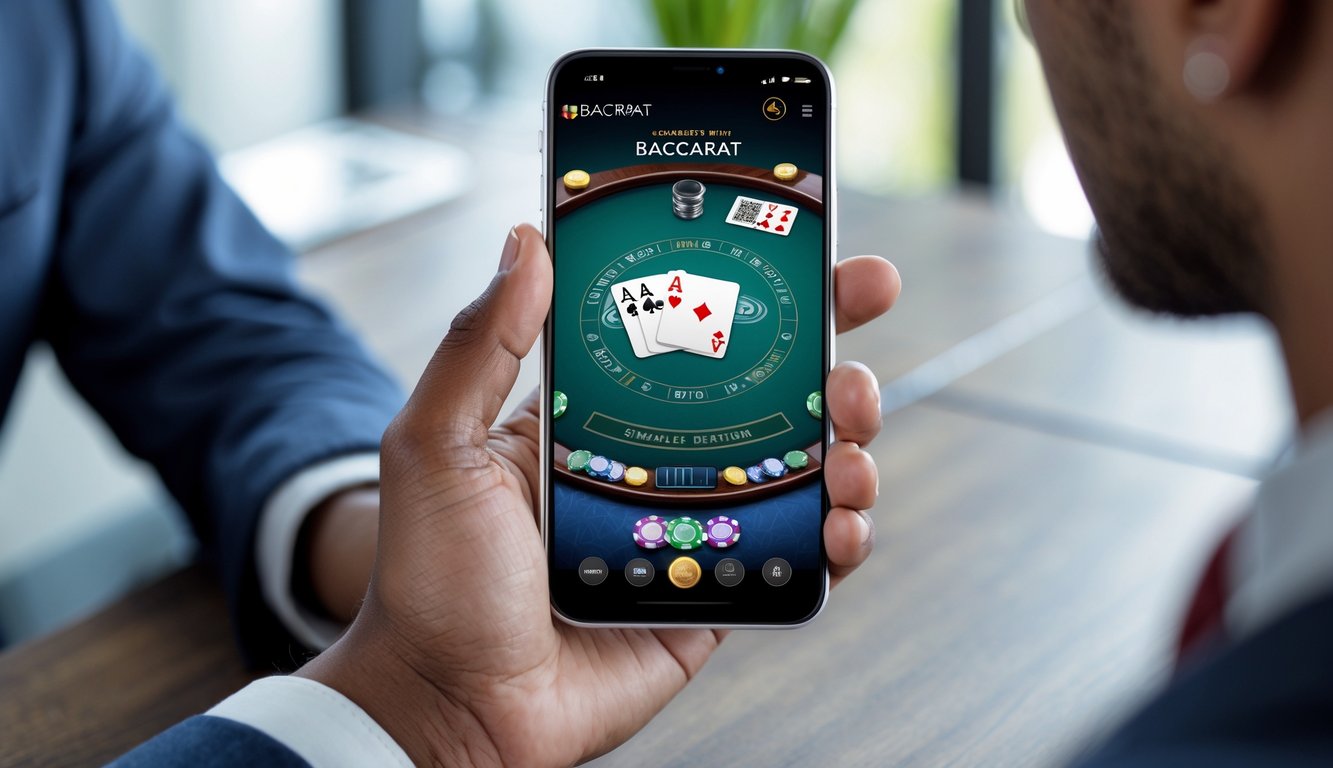 Seseorang memegang ponsel yang menampilkan permainan baccarat online dengan latar belakang ruangan yang terang dan rapi.