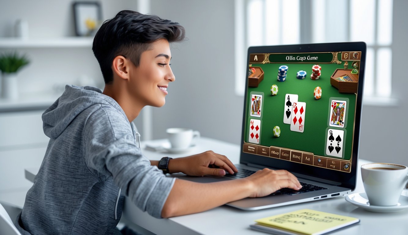 Seorang pemula duduk di depan laptop bermain permainan kartu online dengan fokus dan percaya diri di ruangan yang terang.