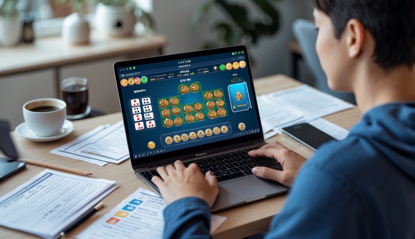 Seorang pemula sedang belajar bermain Capsa Online di laptop di ruang kerja yang nyaman.