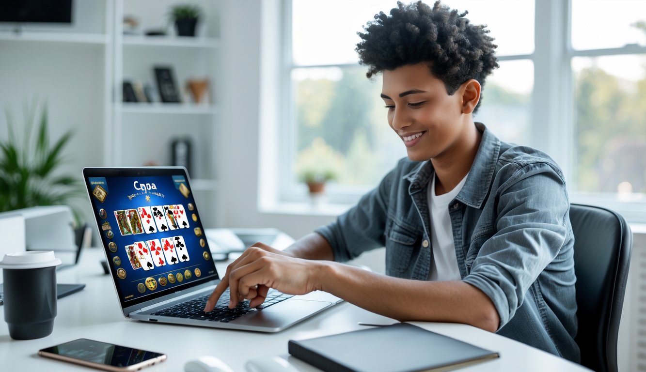 Seorang dewasa muda bermain permainan kartu online di laptop di ruang kerja rumah yang terang dan rapi.