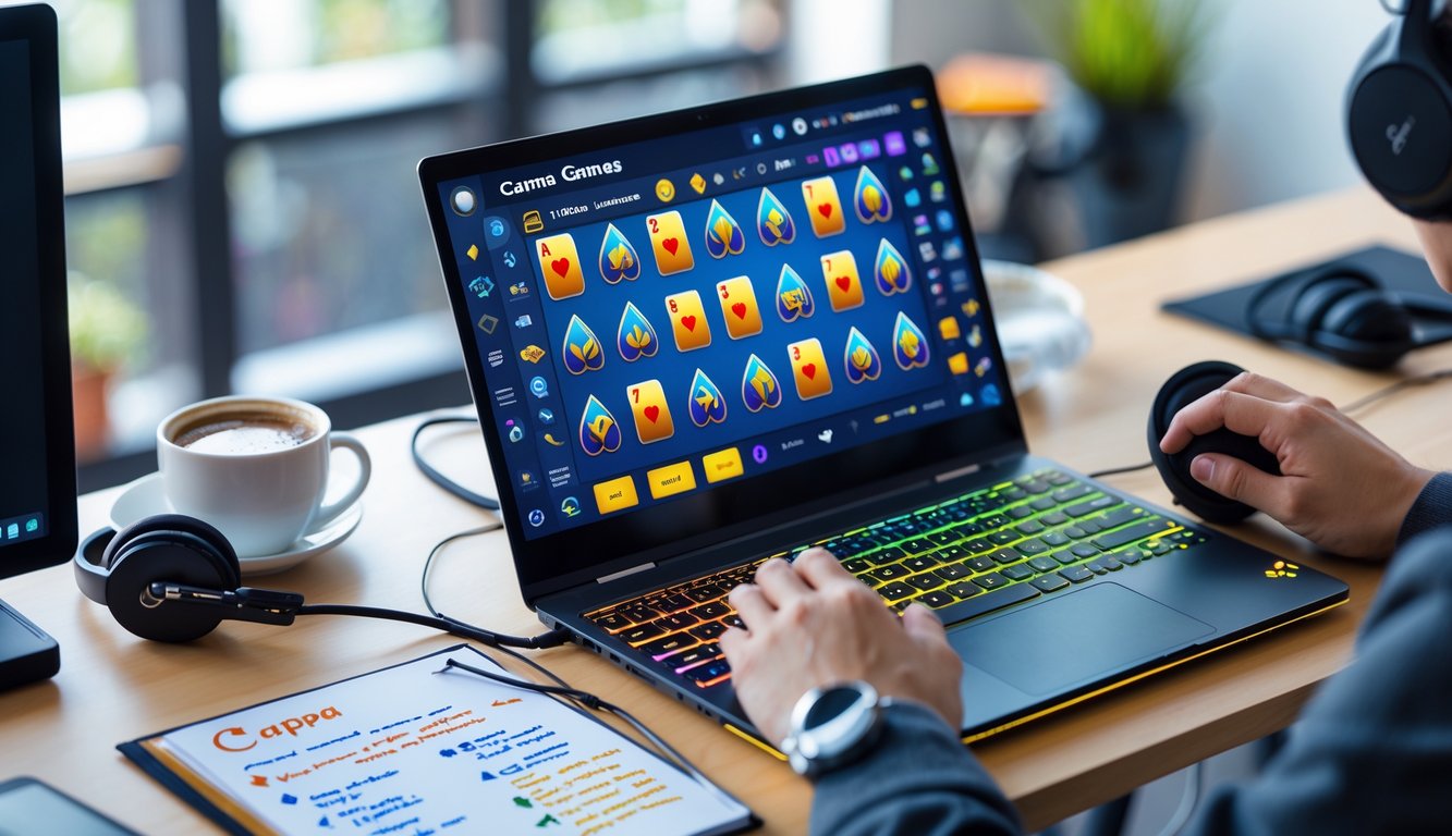 Meja dengan laptop yang menampilkan permainan Capsa online, tangan seseorang sedang bermain, dikelilingi aksesori gaming dan catatan strategi.