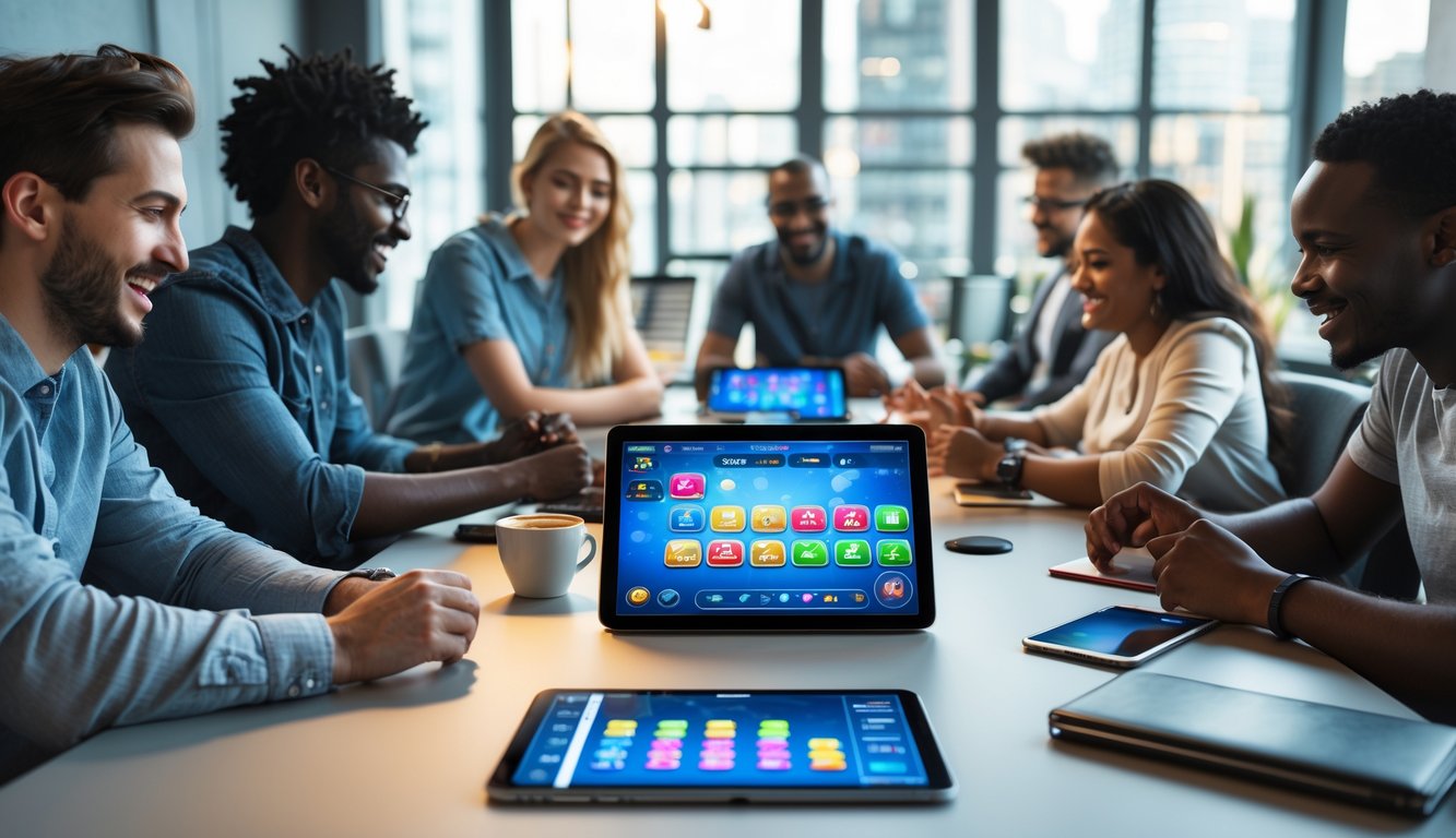 Sekelompok orang berkumpul di sekitar meja dengan tablet dan laptop yang menampilkan permainan Capsa online, tampak fokus dan bersemangat bermain bersama.