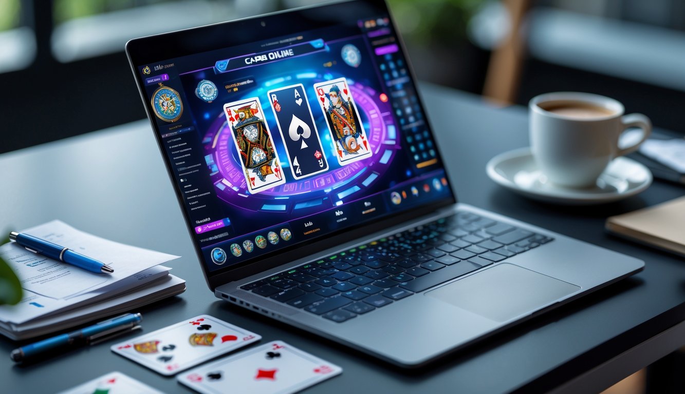 Meja kerja dengan laptop yang menampilkan permainan kartu digital, catatan, pena, dan secangkir kopi.