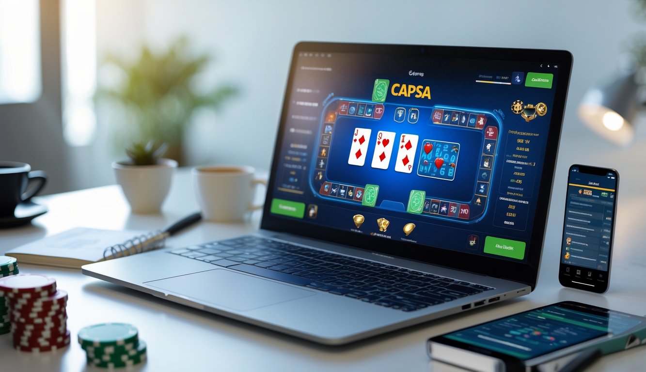 Sebuah meja kerja dengan laptop yang menampilkan permainan kartu online Capsa, dikelilingi chip poker dan smartphone, menunjukkan suasana fokus dan strategi bermain.