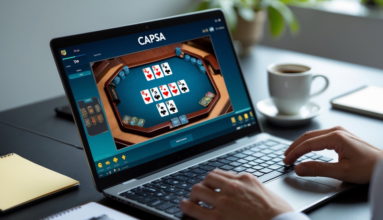Seorang pemain sedang bermain Capsa online di laptop dengan kartu terlihat di layar, di meja terdapat catatan dan cangkir kopi.