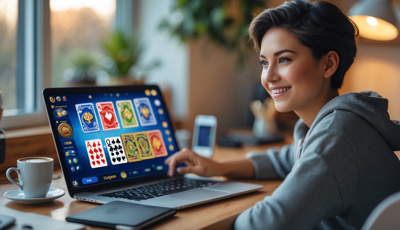 Seseorang bermain permainan kartu online di laptop di meja rumah dengan ekspresi percaya diri dan senyum.