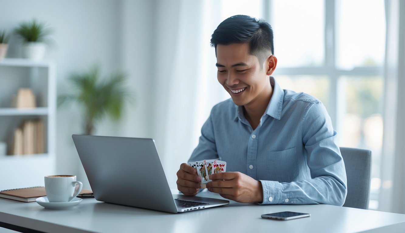 Seorang pria muda duduk di meja dengan laptop, fokus bermain permainan kartu online di ruangan yang terang dan rapi.