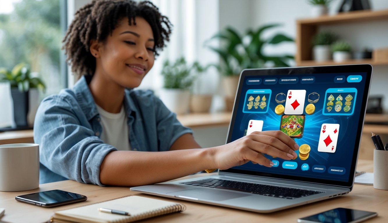 Seorang dewasa muda bermain permainan kartu online di laptop di ruang kerja rumah yang terang dan nyaman.