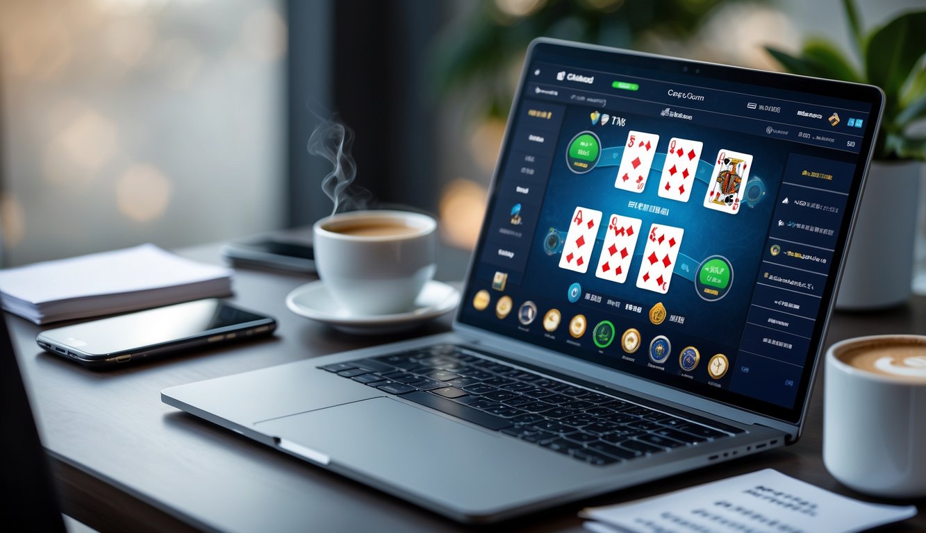 Meja kerja dengan laptop yang menampilkan permainan kartu online, dikelilingi catatan, ponsel, dan cangkir kopi.