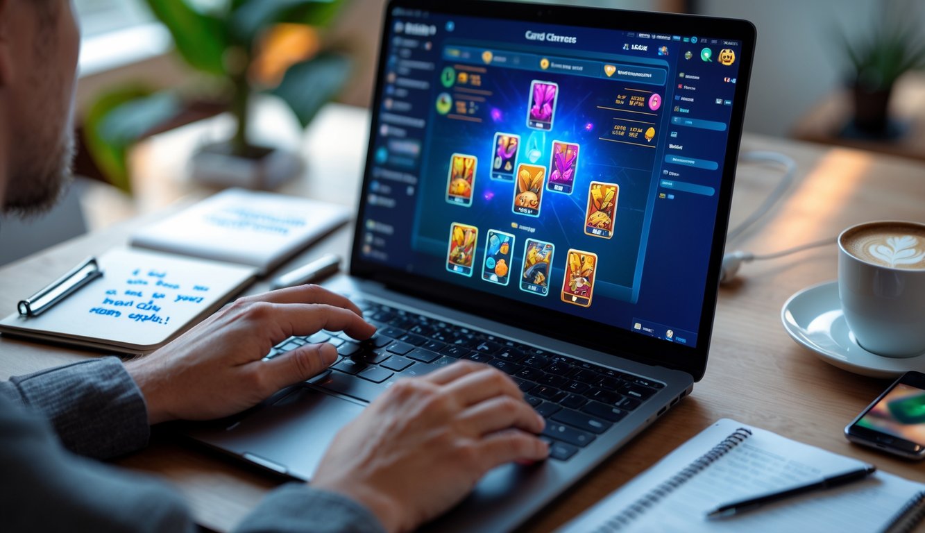 Seseorang sedang bermain permainan kartu online di laptop dengan tangan terlihat mengetik dan suasana ruang kerja yang nyaman.