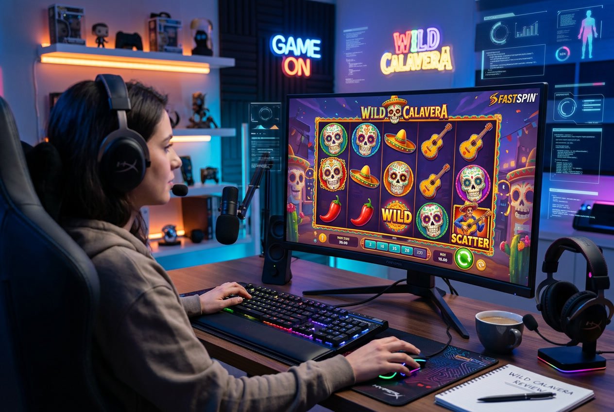 Sebuah meja kerja modern dengan komputer menampilkan permainan Wild Calavera, dikelilingi oleh aksesori gaming seperti keyboard dan mouse.