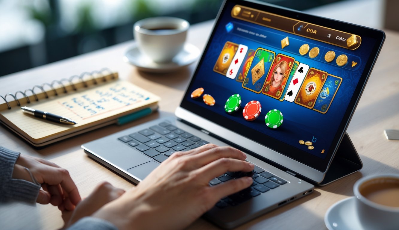 Seseorang sedang bermain Capsa online di laptop dengan kartu dan chip terlihat di layar, di meja terdapat catatan dan kopi.
