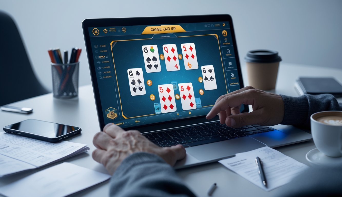 Tangan seseorang sedang bermain game kartu online di laptop dengan suasana kerja yang rapi dan fokus.