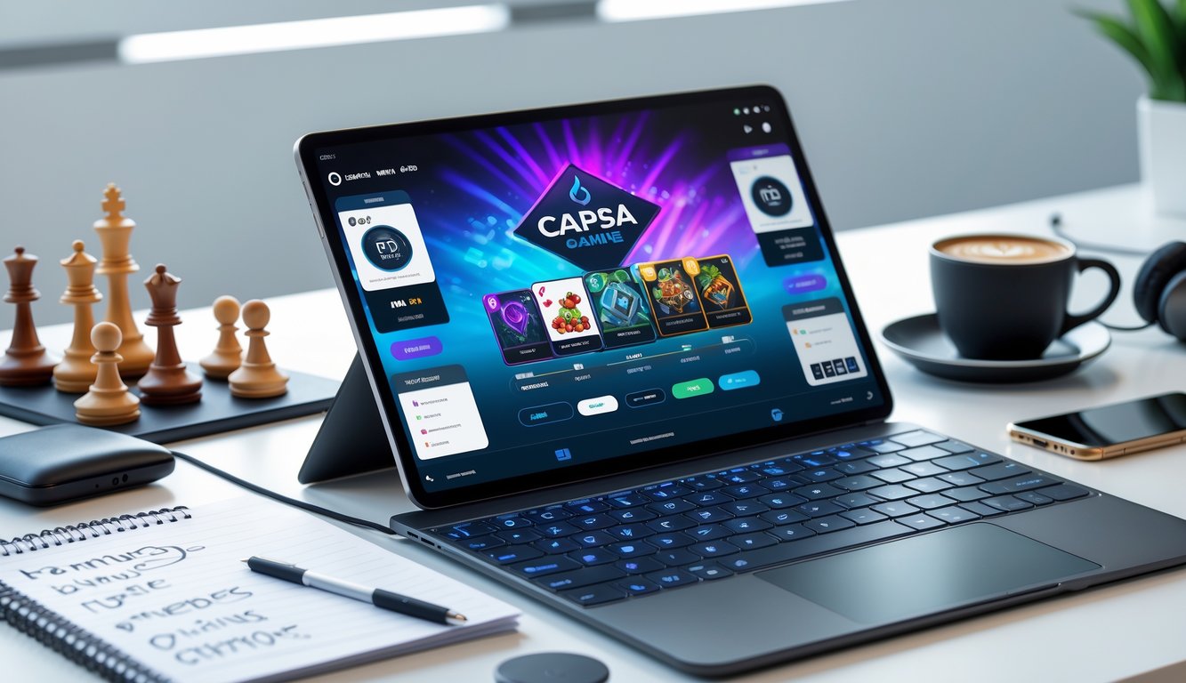 Seorang pemain sedang menggunakan laptop untuk bermain Capsa online di meja kerja yang rapi dengan beberapa alat tulis dan kopi.