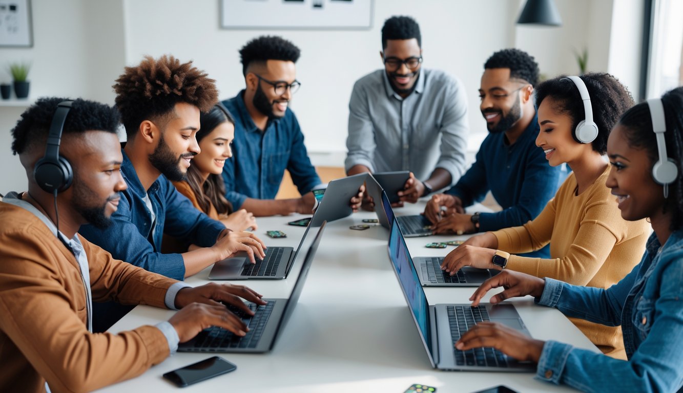 Sekelompok orang beragam usia dan etnis sedang bermain kartu online bersama di meja modern dengan laptop dan tablet.