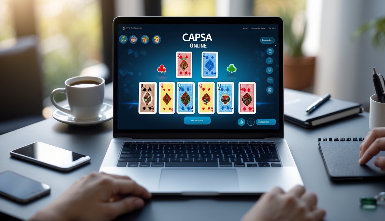 Seorang pemain sedang bermain Capsa Online di laptop di meja kerja dengan kopi dan buku catatan di sampingnya.
