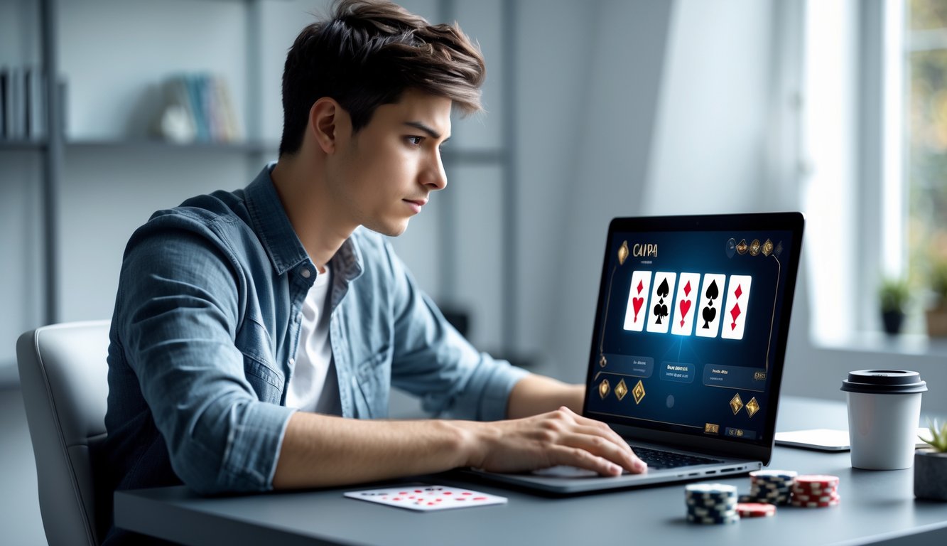 Seorang pria muda duduk di meja dengan laptop, fokus bermain permainan kartu online Capsa, di ruang kerja rumah yang rapi dan terang.