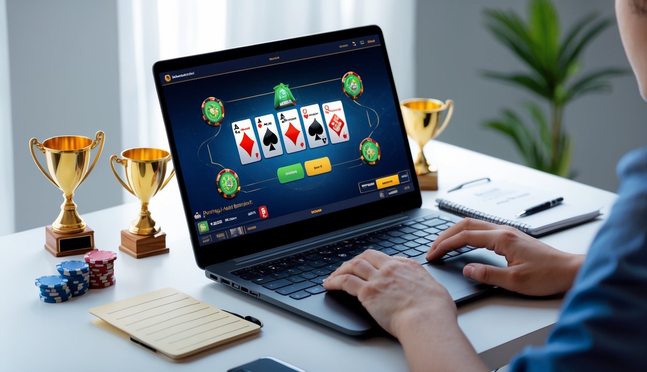 Seorang pemain sedang menggunakan laptop dengan permainan kartu Capsa Online di layar, dikelilingi oleh chip poker dan catatan kemenangan.