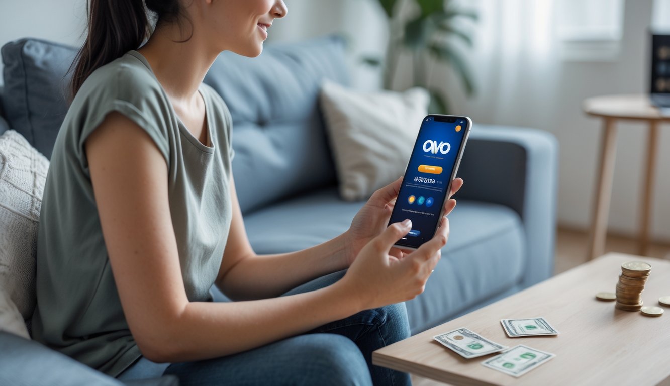 Seseorang menggunakan ponsel untuk bermain permainan kartu online di ruang tamu yang nyaman dengan suasana santai.