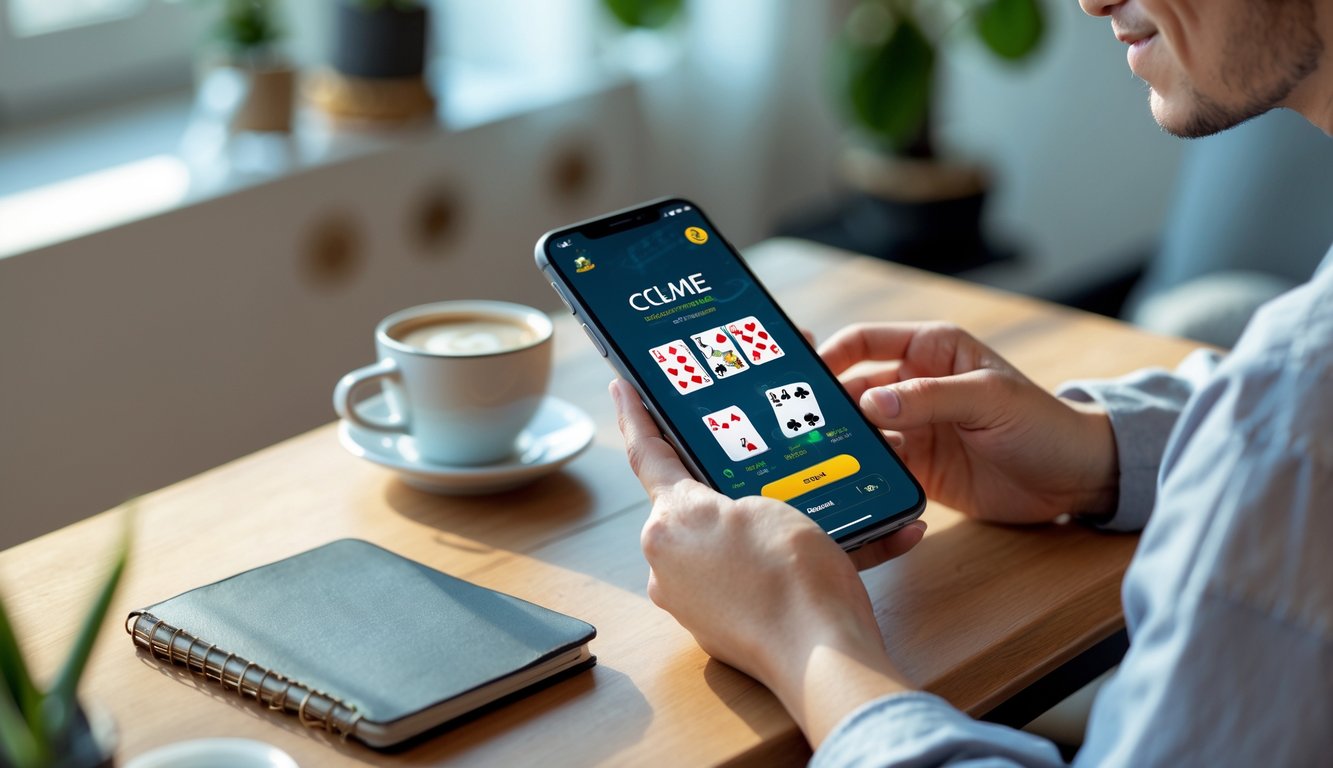 Seseorang sedang menggunakan ponsel untuk bermain permainan kartu online Ceme dengan aplikasi dompet digital OVO di layar, duduk di meja kayu di rumah.