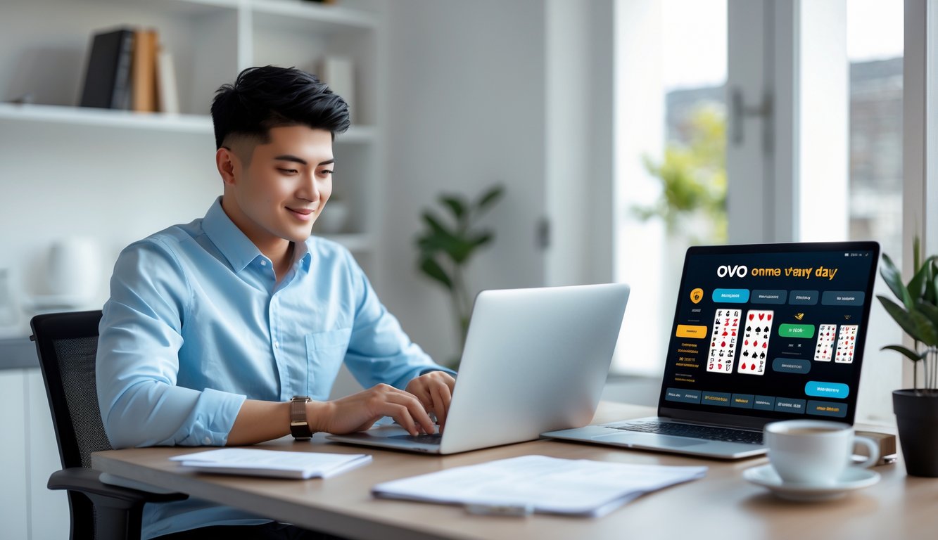 Seorang pria muda duduk di meja dengan laptop dan ponsel yang menampilkan aplikasi dompet digital, tampak fokus sedang bermain permainan online.