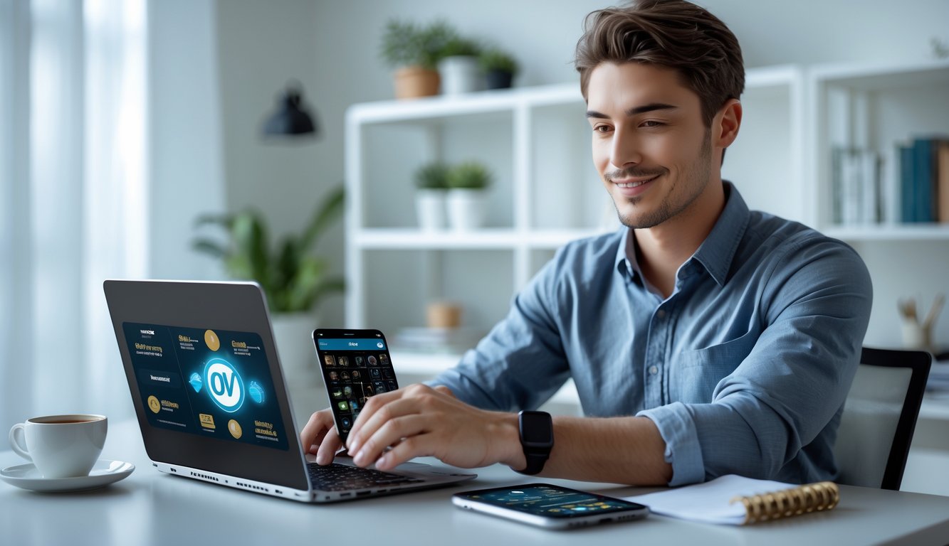 Seorang pria muda duduk di meja modern menggunakan laptop dan ponsel untuk bermain permainan kartu online dengan fokus di ruang kerja rumah yang terang dan rapi.