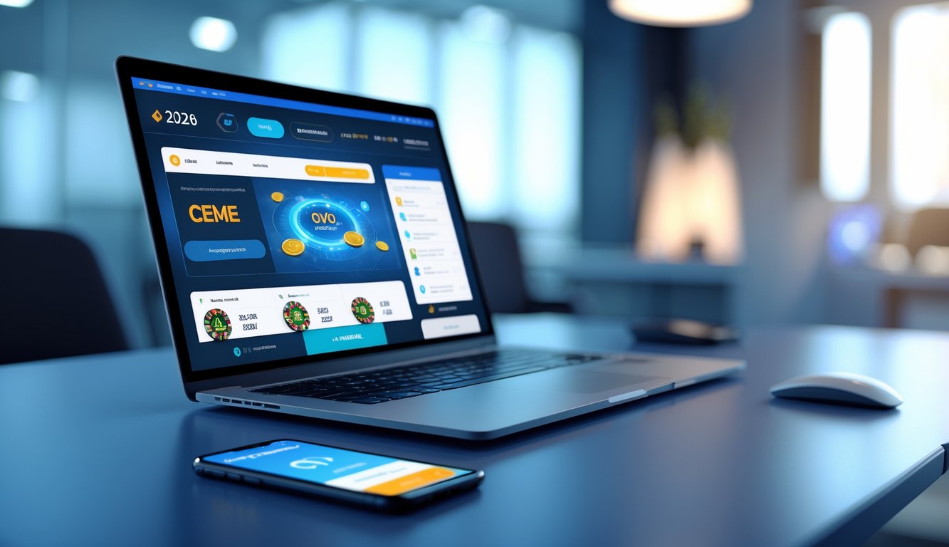 Meja kerja modern dengan laptop dan ponsel yang menampilkan aplikasi permainan dan dompet digital, di dalam ruangan kantor yang tenang.