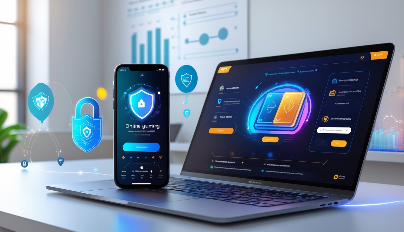 Seorang pengguna sedang bermain permainan kartu online di komputer dengan aplikasi dompet digital OVO terbuka di ponsel di meja kerja yang rapi.