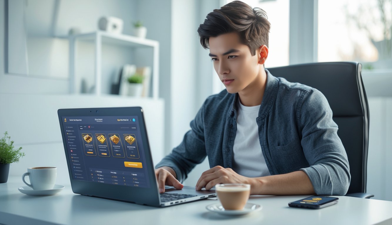 Seorang pria muda duduk di depan laptop di ruang kerja modern, fokus bermain permainan kartu online dengan aplikasi dompet digital di sampingnya.