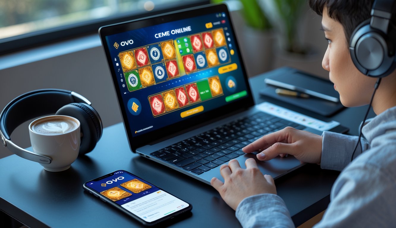 Seseorang duduk di meja dengan laptop menampilkan permainan kartu online dan ponsel yang menunjukkan aplikasi OVO, fokus pada permainan dan pembayaran digital.