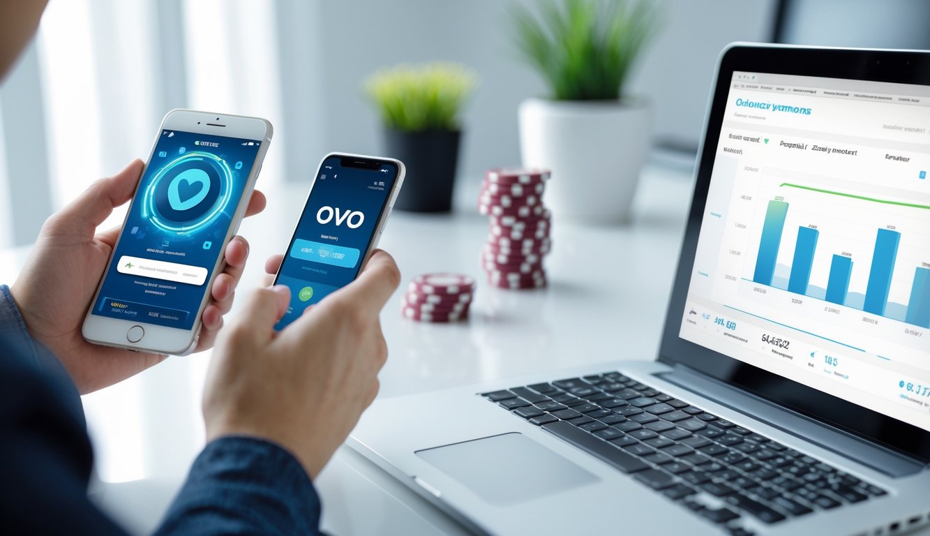 Seseorang menggunakan smartphone dan laptop di meja kerja untuk melakukan transaksi keuangan online dengan kartu dan chip permainan di samping.