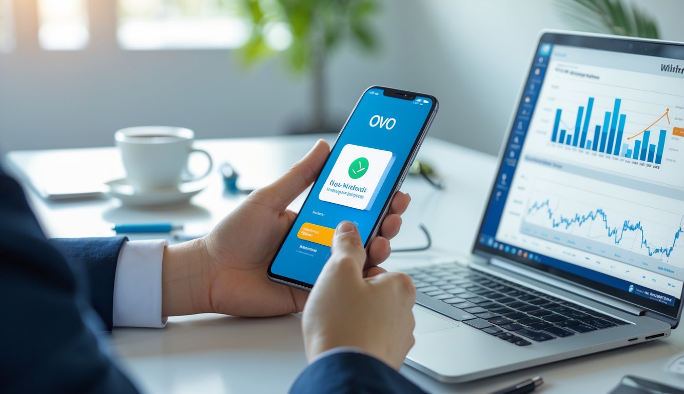 Tangan seseorang memegang ponsel dengan aplikasi dompet digital, di samping laptop dengan data transaksi, di dalam ruang kantor yang terang.