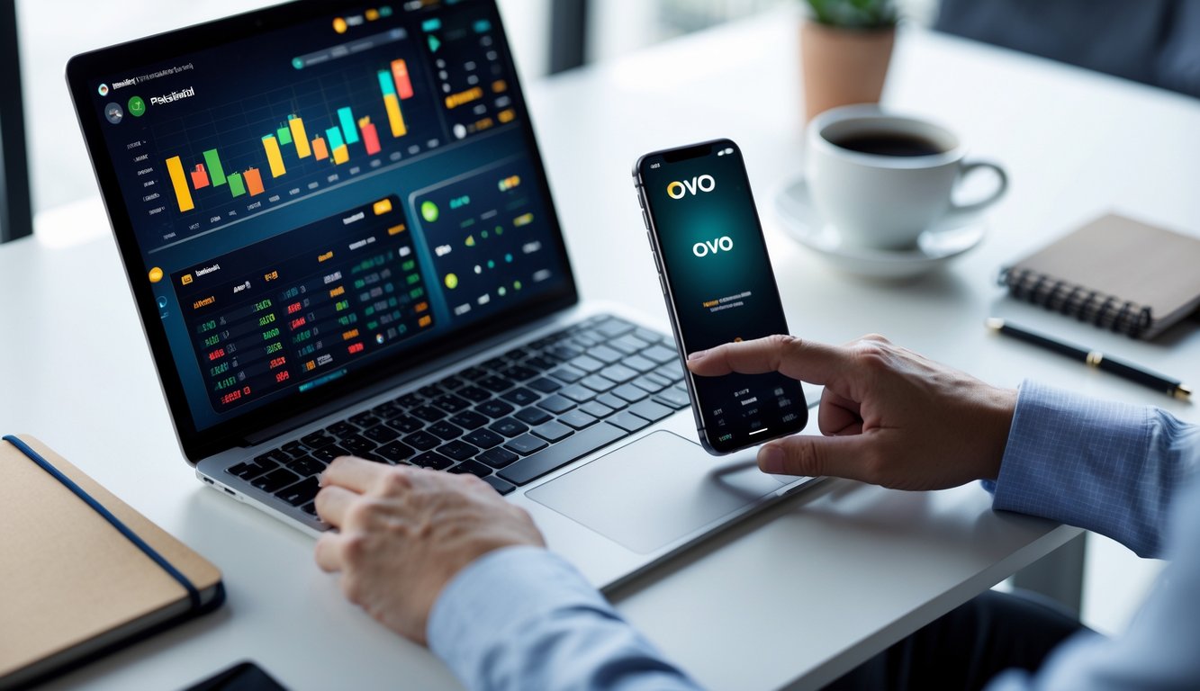 Seorang individu sedang menggunakan laptop dan ponsel di meja kerja untuk mengatur taruhan online dengan aplikasi dompet digital OVO terlihat di layar ponsel.