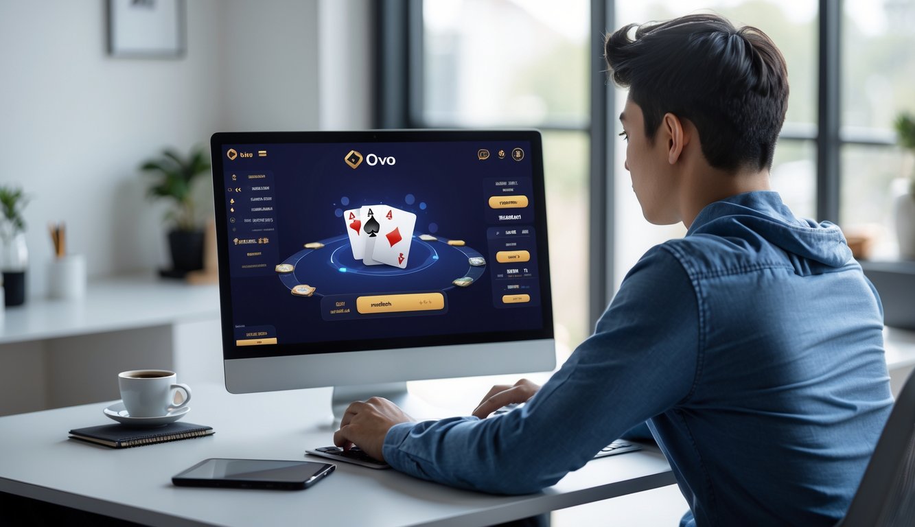 Seorang pria muda fokus bermain permainan kartu online di laptop dengan ponsel yang menampilkan logo OVO di meja kerja yang rapi.