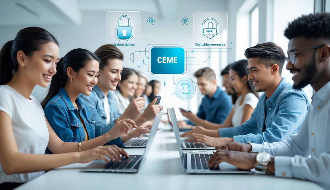 Beberapa orang muda sedang menggunakan laptop dan ponsel di ruang kerja modern, fokus pada permainan kartu online dan transaksi keuangan yang aman dan cepat.