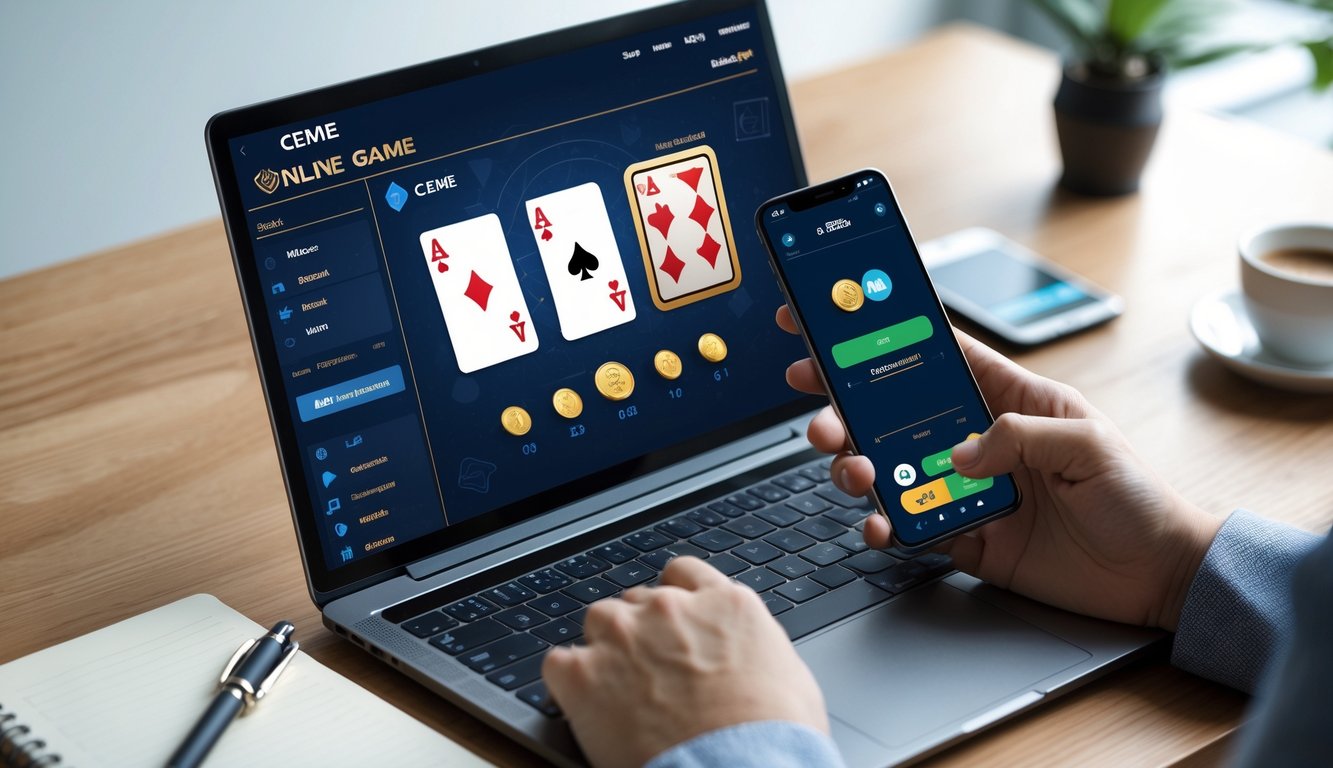 Seseorang menggunakan laptop dan ponsel untuk bermain dan menghitung peluang dalam permainan Ceme online dengan dompet digital OVO di meja kerja.