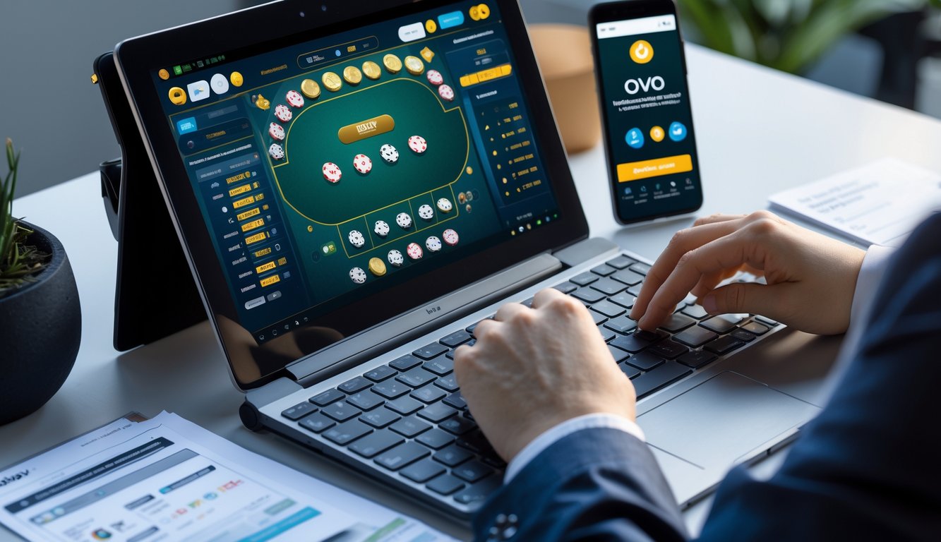 Seseorang menggunakan perangkat digital untuk bermain Ceme online dengan tampilan aplikasi OVO dan elemen perhitungan peluang di meja kerja.
