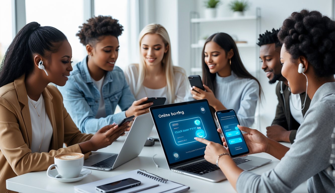 Sekelompok orang muda menggunakan ponsel dan laptop untuk melakukan transaksi keuangan digital di meja modern.