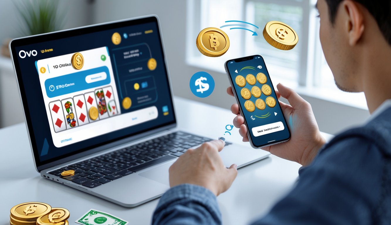 Seseorang menggunakan ponsel dan laptop untuk bermain game kartu online dan melakukan transaksi keuangan digital di ruangan yang terang.