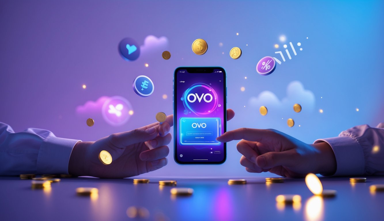 Seseorang menggunakan ponsel pintar dengan tampilan dompet digital dan elemen grafis yang melambangkan bonus dan promo dalam permainan online.